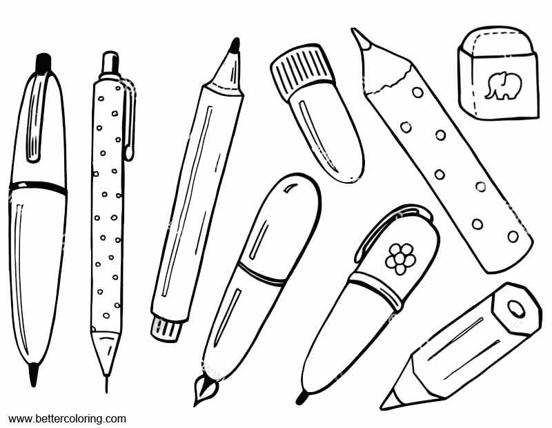 School Supplies Coloring Pages with Eraser Free