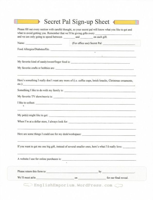 Secret Pal Questionnaire Form Sign up Sheet