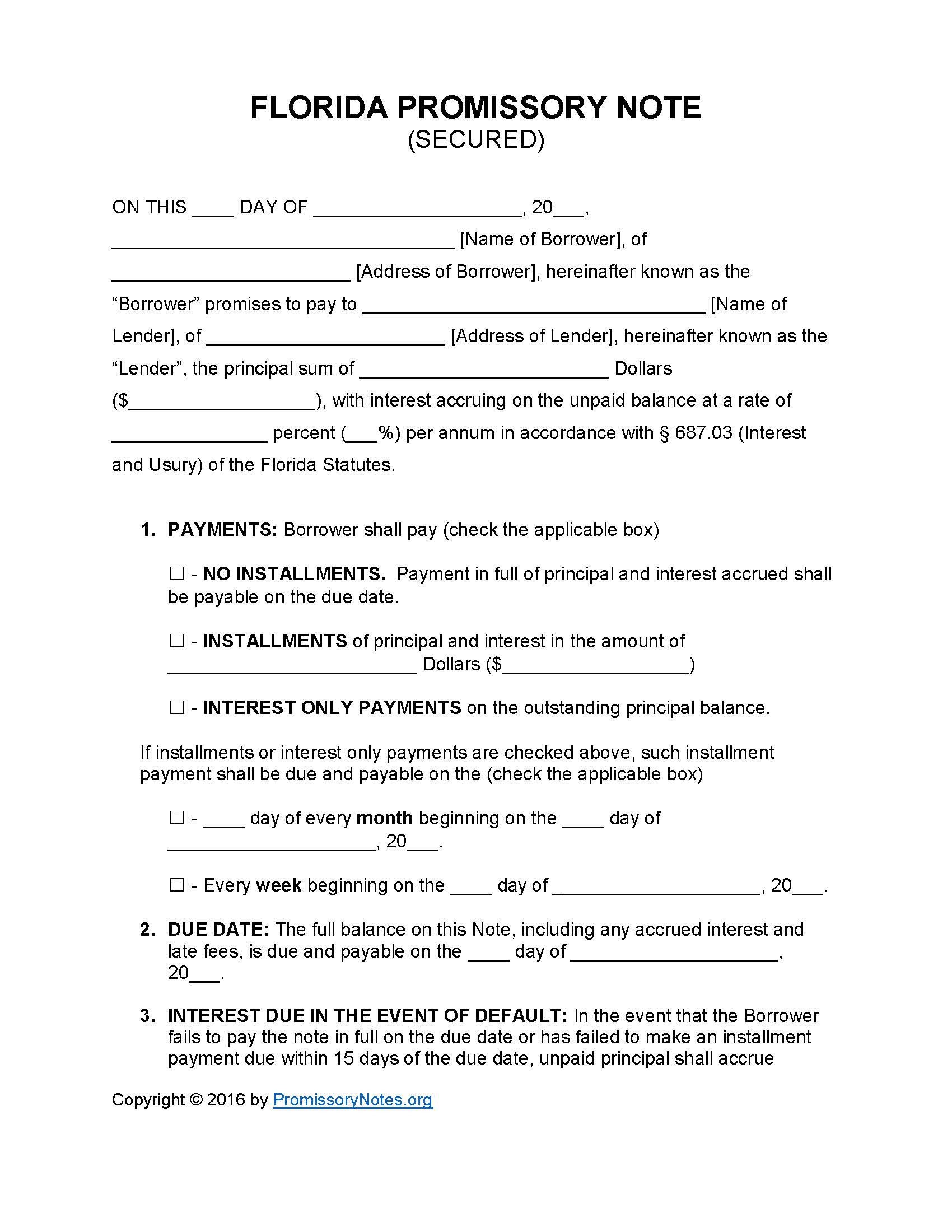 Florida Secured Promissory Note Template Promissory
