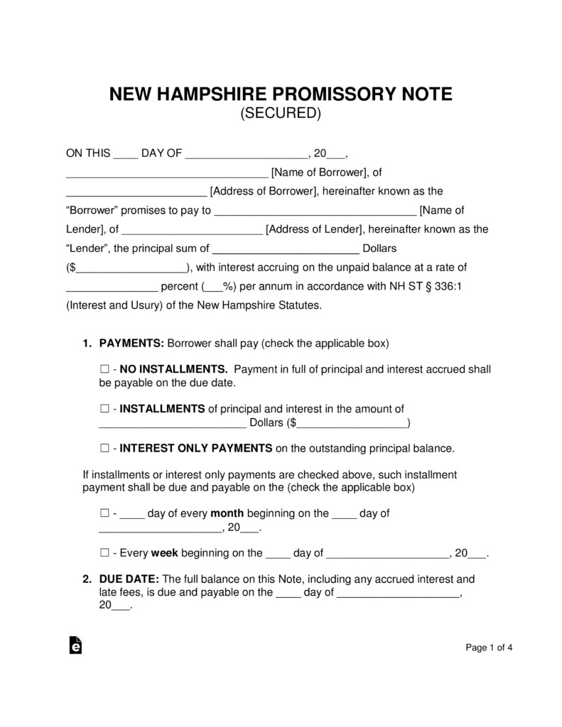 Free New Hampshire Secured Promissory Note Template Word