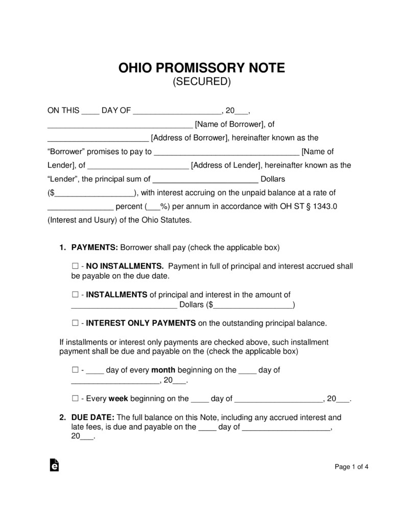 Free Ohio Secured Promissory Note Template Word