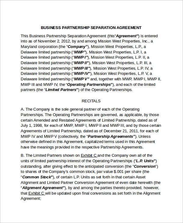 Sample Business Separation Agreement Template 9 Free