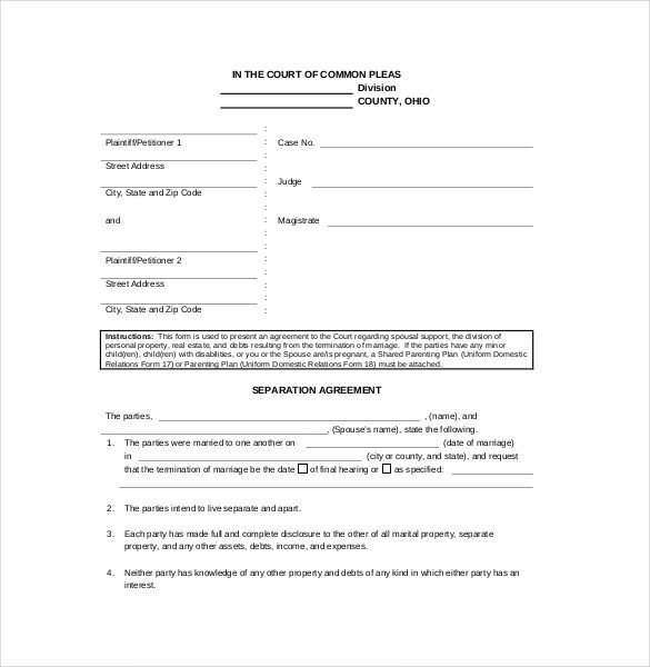 Separation Agreement Template – 14 Free Word PDF