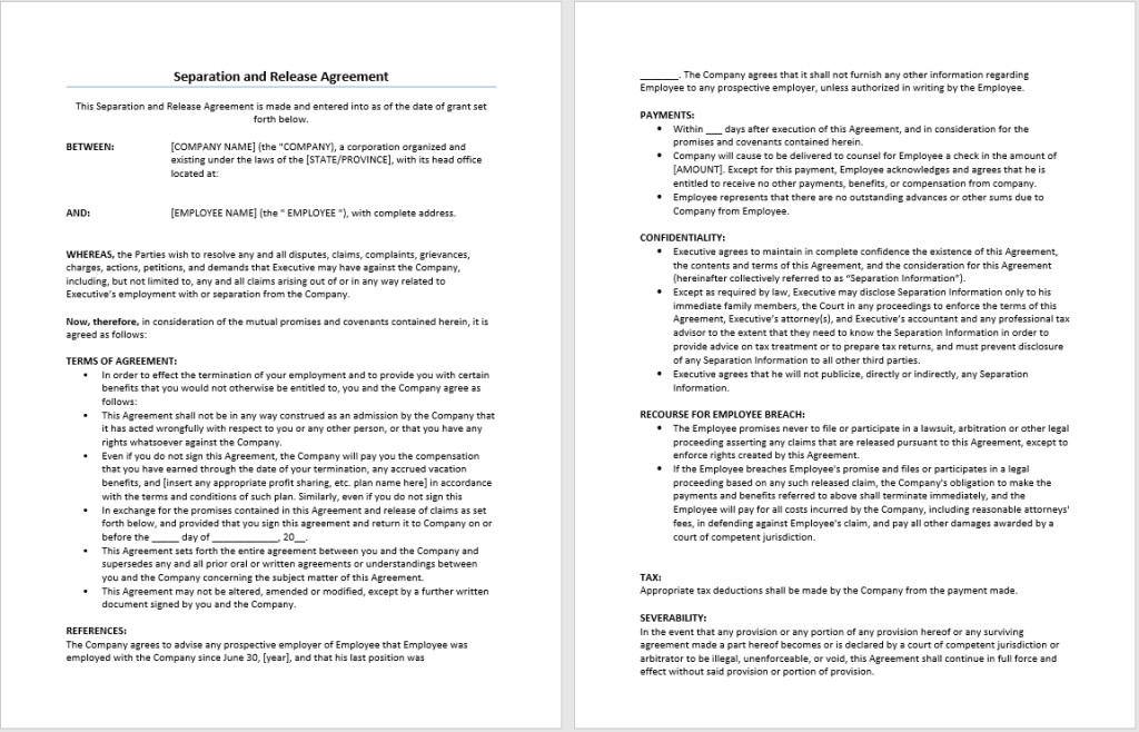 Separation and Release Agreement Template – Microsoft Word