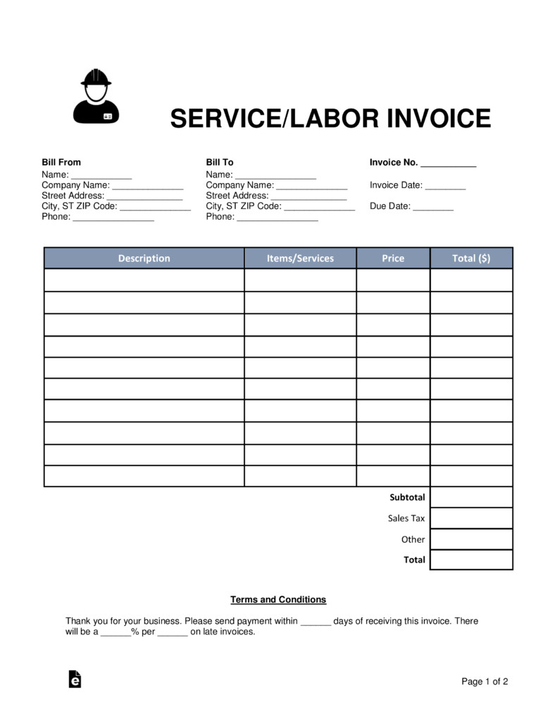 Free Service Labor Invoice Template Word PDF