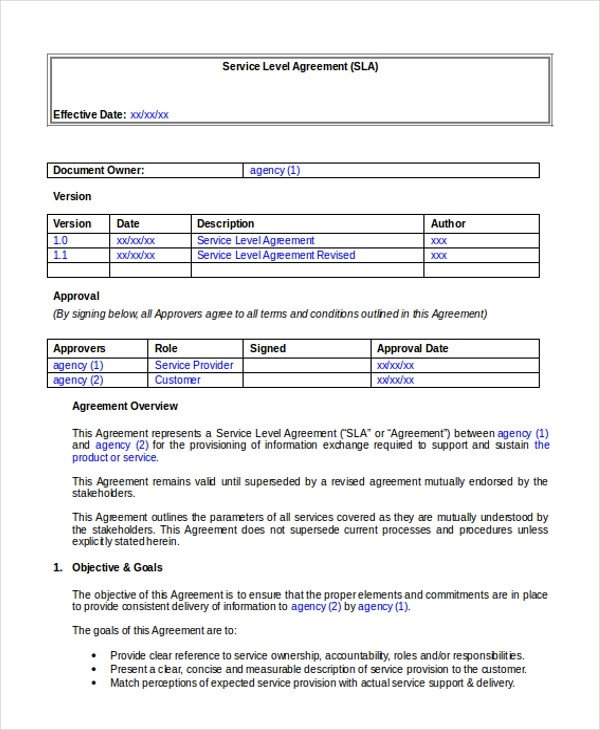 Sample Service Level Agreement Form 10 Free Documents
