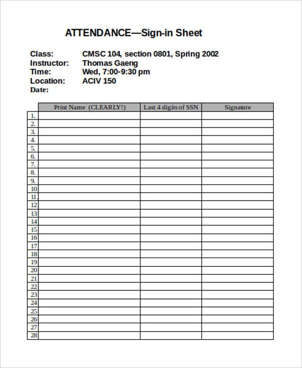 12 Attendance Sign In Sheet Templates Free Sample