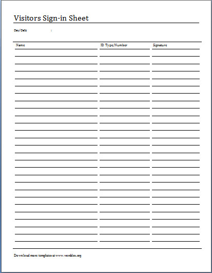 MS Word Visitors Sign In Sheet Sample Template