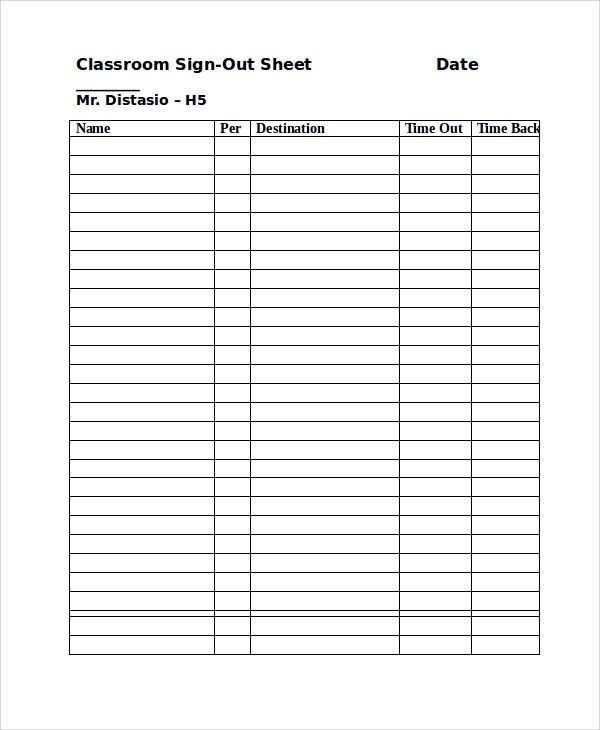 Sample Classroom Sign Out Sheet 8 Free Documents