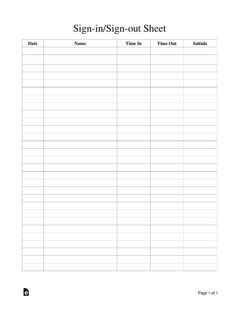Sign in Sign out Sheet Template