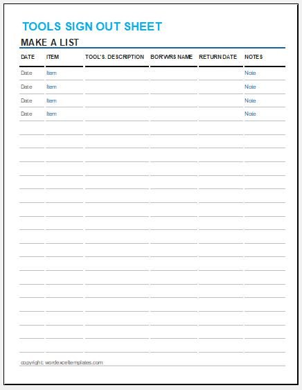 Tools Sign Out Sheet Template for Excel