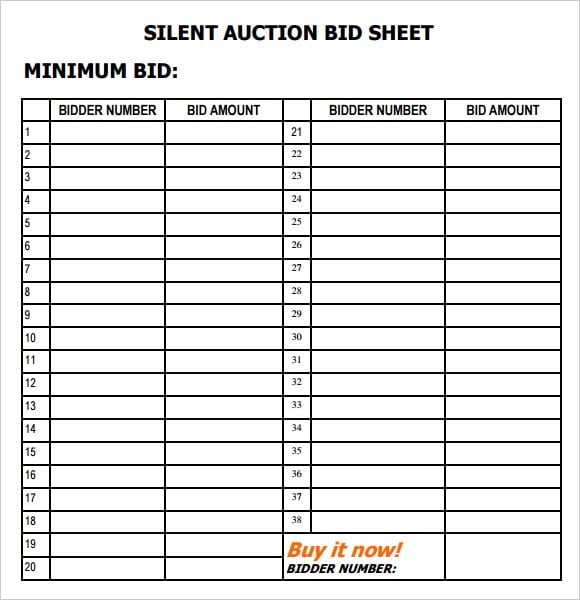 6 Silent Auction Bid Sheet Templates formats Examples