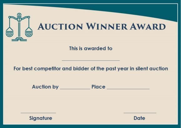 silent auction winner certificate template sample