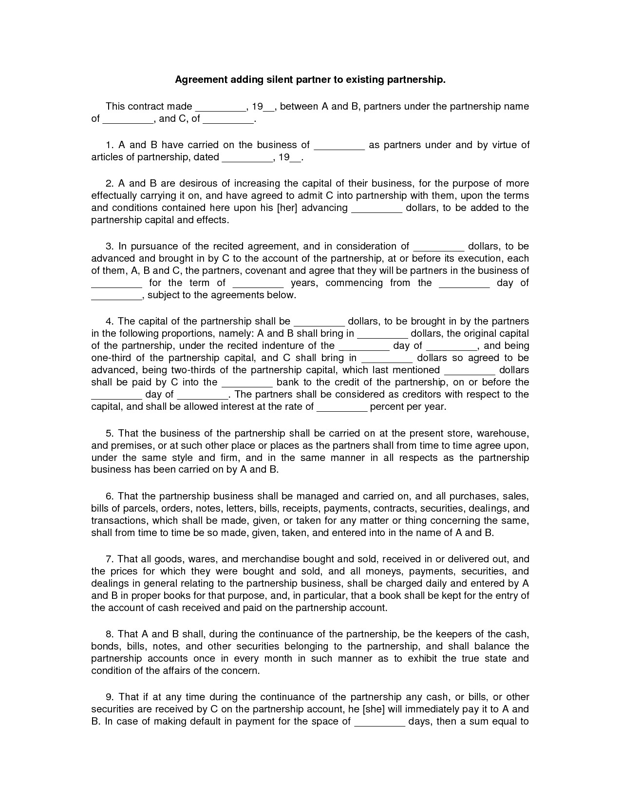 Silent Investor Agreement Free Printable Documents