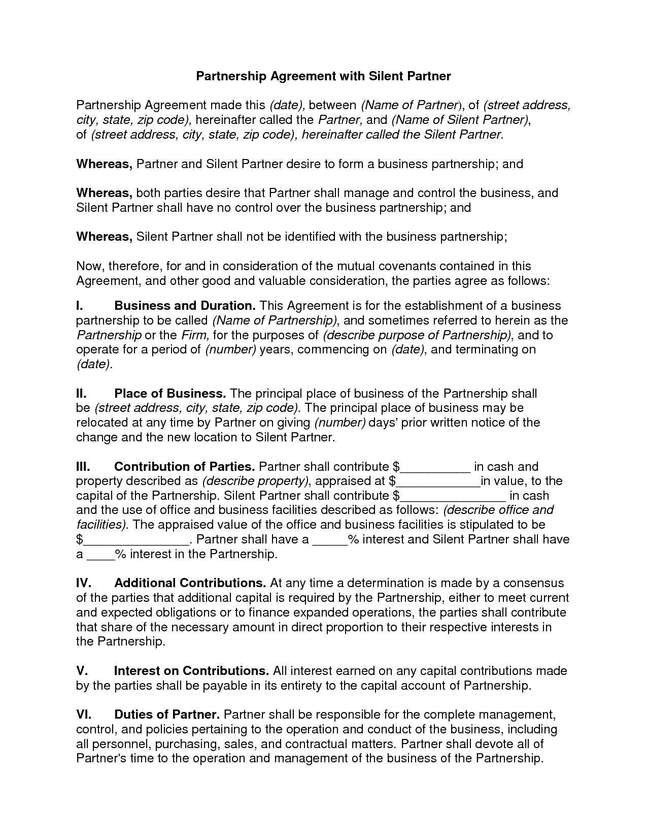 Silent Investor Agreement Free Printable Documents
