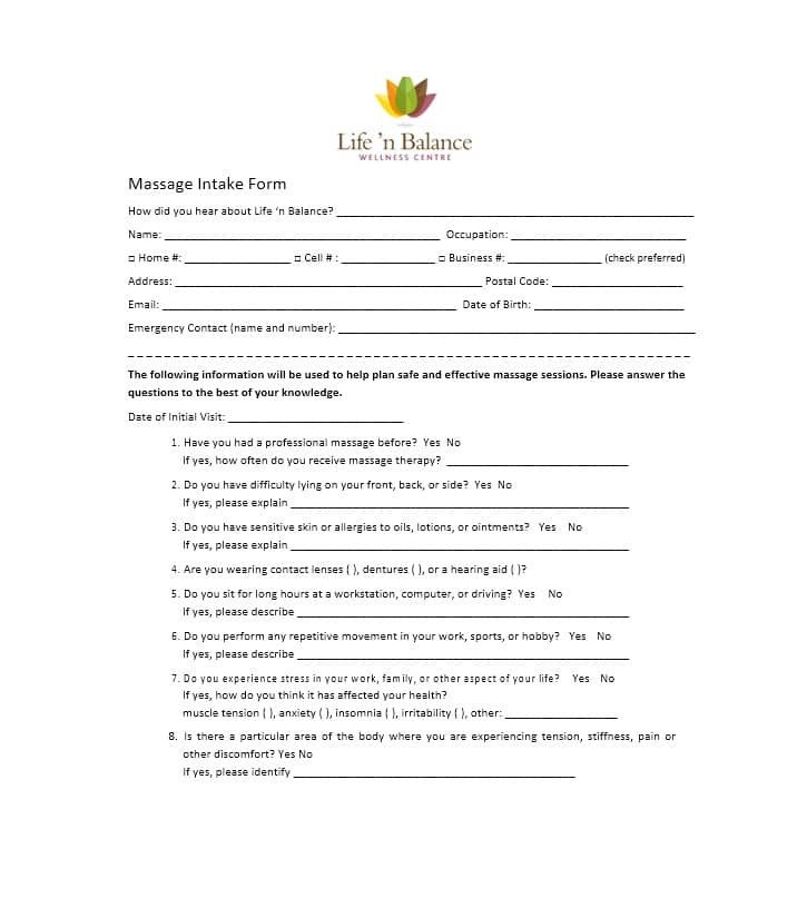 59 Best Massage Intake Forms for any Client Printable