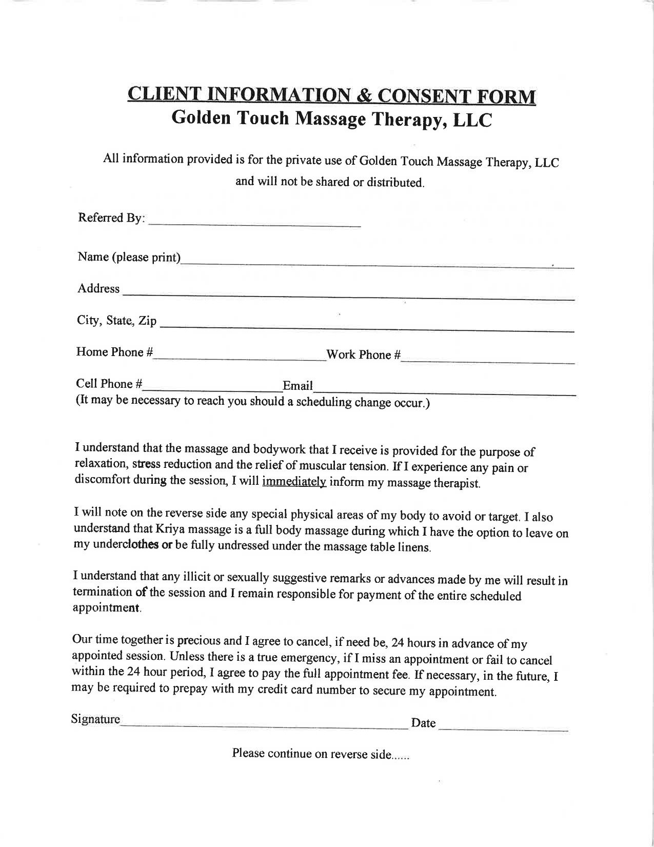 Golden Touch Massage Therapy Client Intake Form