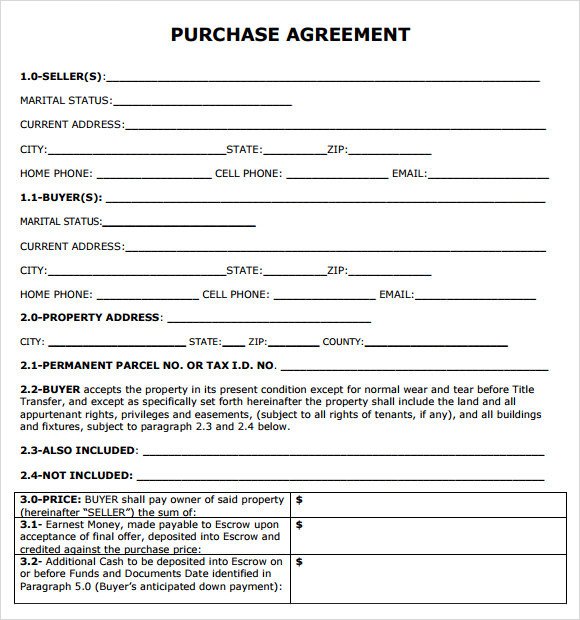 Purchase Agreement 7 Free Samples Examples Format