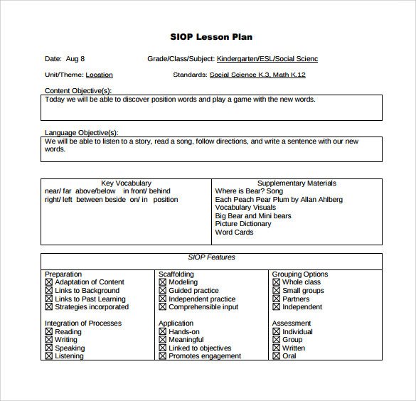 Sample SIOP Lesson Plan Templates – 10 Free Examples