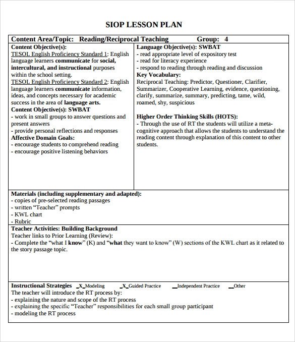 Sample SIOP Lesson Plan Templates – 10 Free Examples