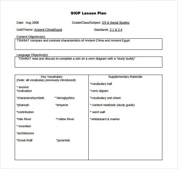 8 SIOP Lesson Plan Templates Download Free Documents in