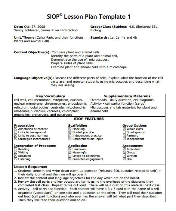 SIOP Lesson Plan Templates – 9 Examples in PDF Word Format