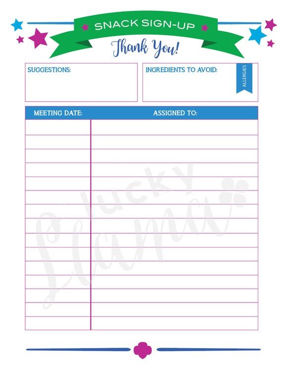 Printable Girl Scout Snack Sign Up Sheet Editable Version