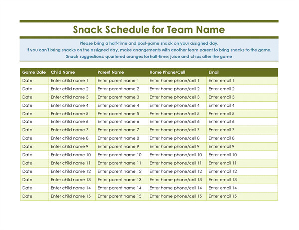Youth sports snack sign up sheet