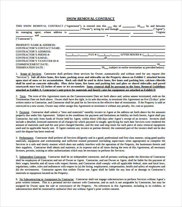 Snow Plowing Contract Template 6 Download Free