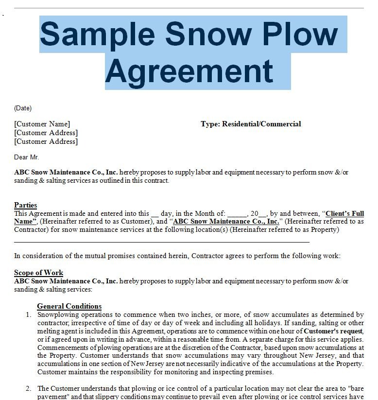 snow removal agreement and contract