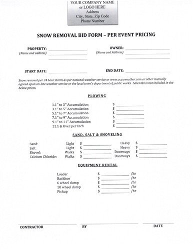Snow Removal Bid Form $9 99 DOWNLOAD NOW