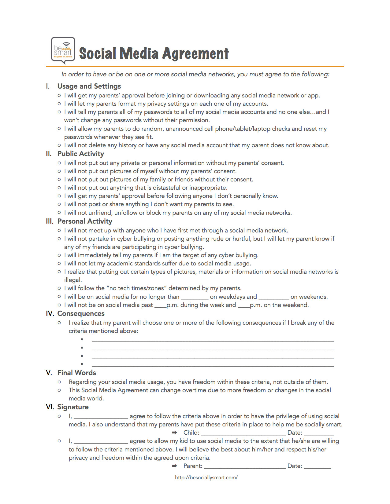 Parent Child social media contract and agreement for phones