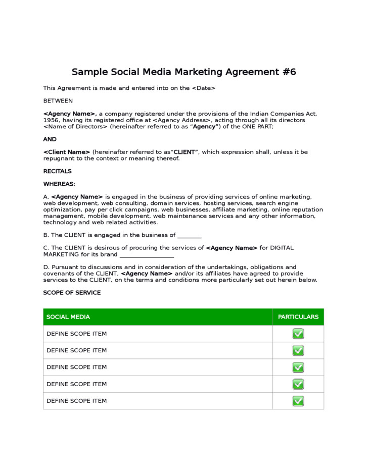 Social Media Agreement Template Marketing Templates