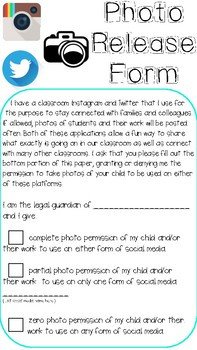 Social Media Release Permission Form by 3rd Grade