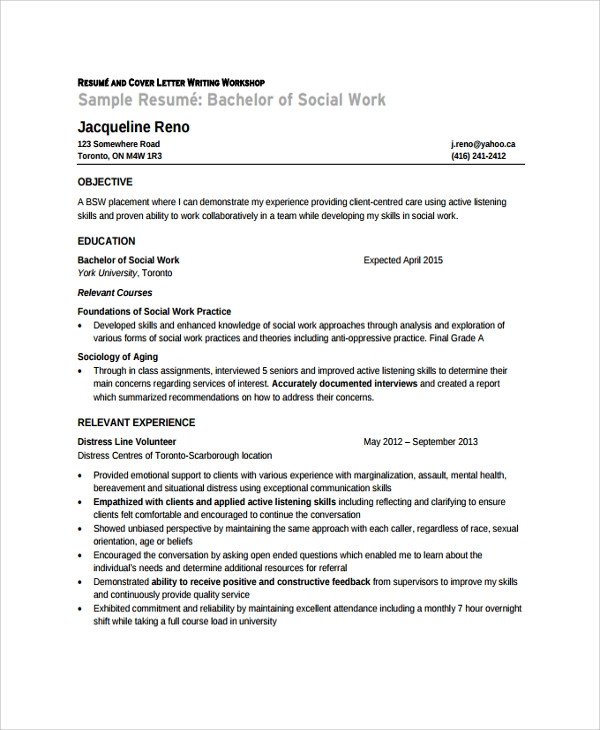 Sample Social Worker Resume Template 9 Free Documents