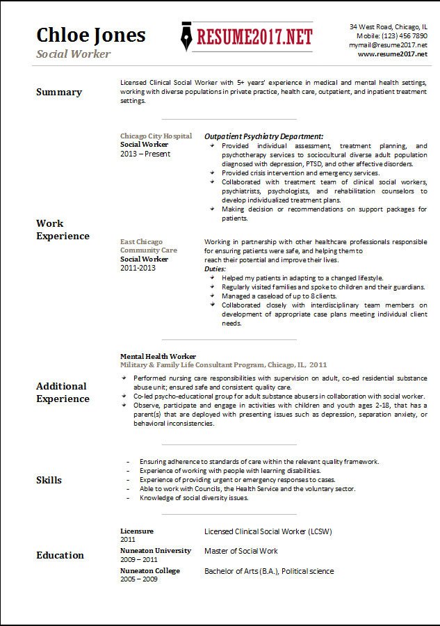 Social Worker resume template 2017