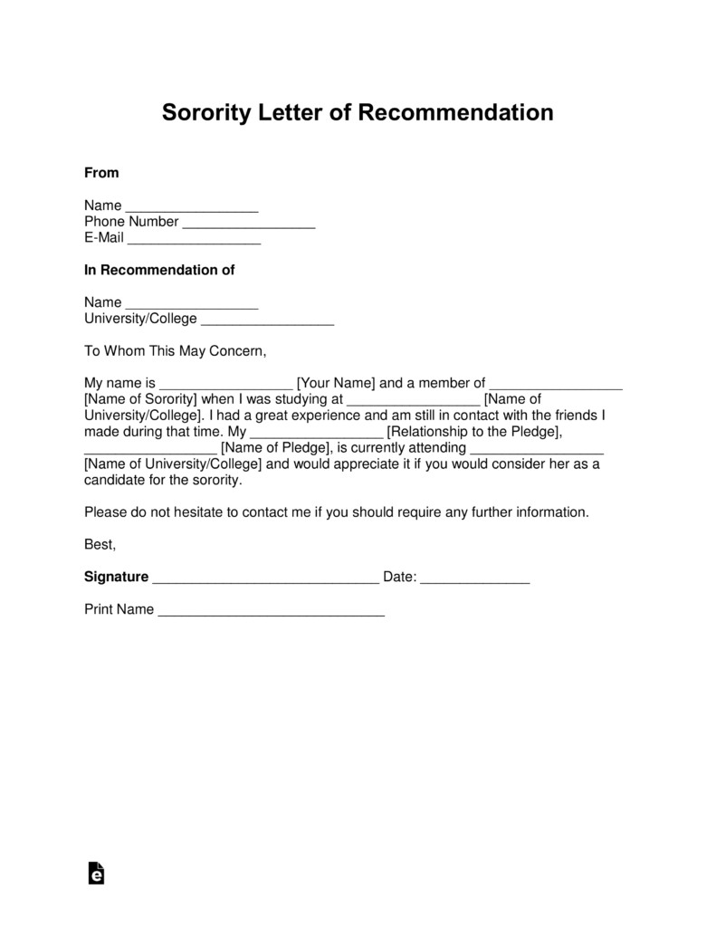 Free Sorority Re mendation Letter Template with