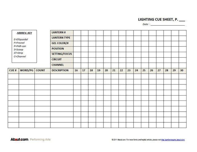 Expanded Lighting Cue Sheet Form Lighting Cue Sheet Form