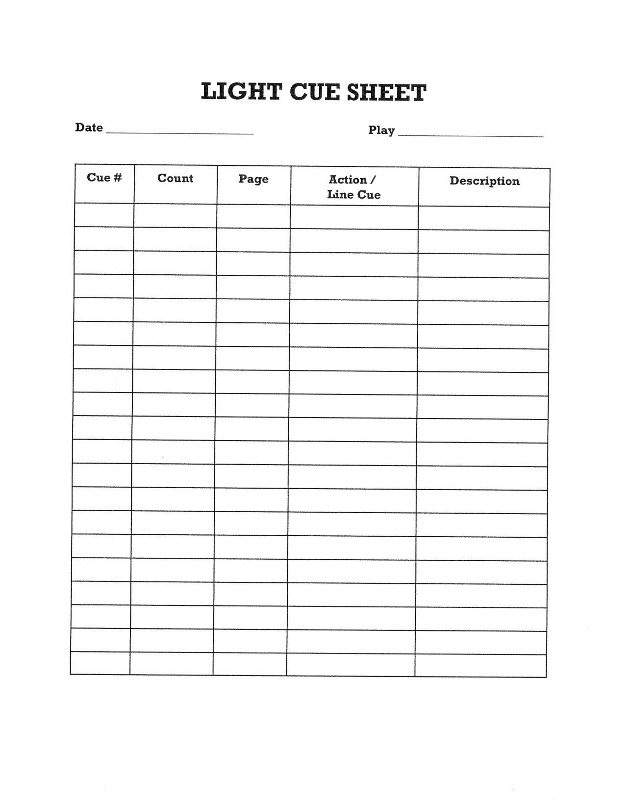 Simple lighting cue sheet for students
