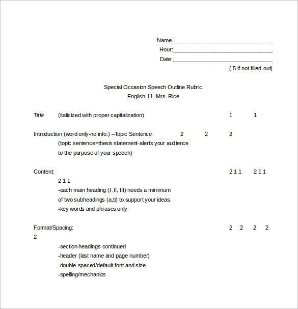 Sample Speech Outline Template 9 Free Documents