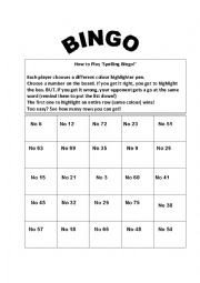 English worksheets Spelling Bingo Card Editable