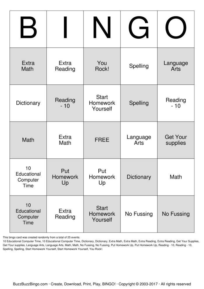 Homework Bingo Bingo Cards to Download Print and Customize