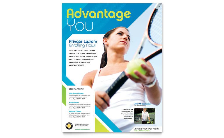 Tennis Club & Camp Flyer Template Word & Publisher