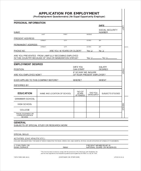 Employment Application Form Samples Examples Templates