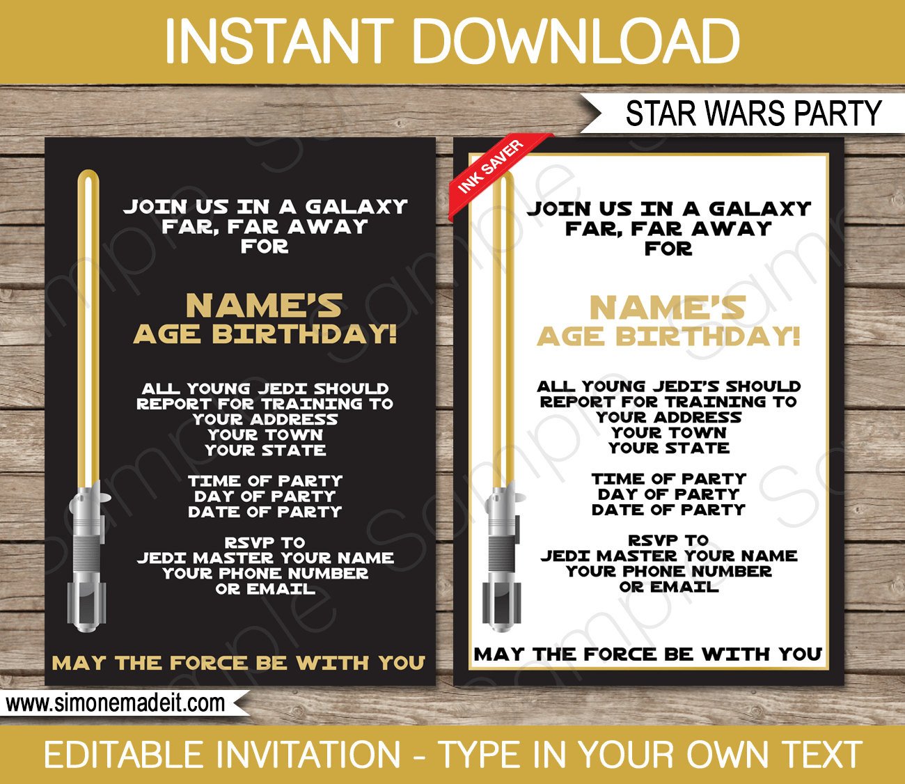 Star Wars Invitation Template Gold Birthday Party