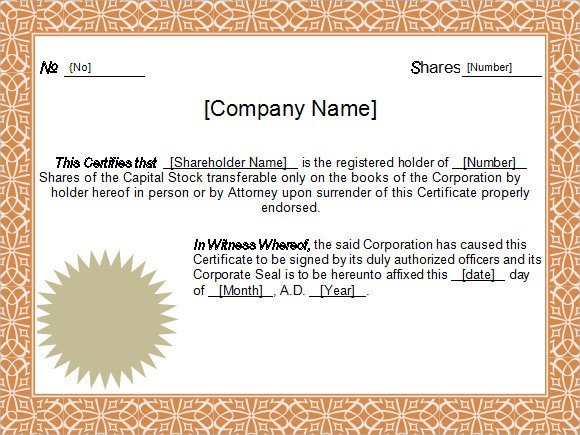 Stock Certificate Template 6 Free Download for PDF Word