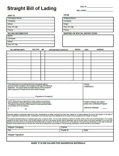 Bill of Lading Template Form PDF Download