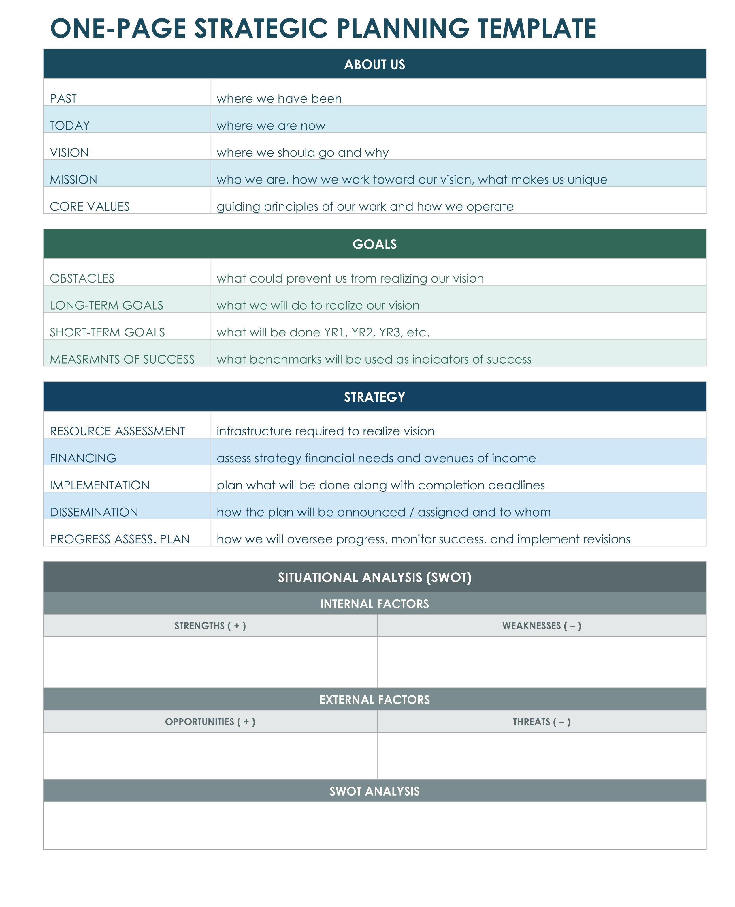 one page strategic plan excel template