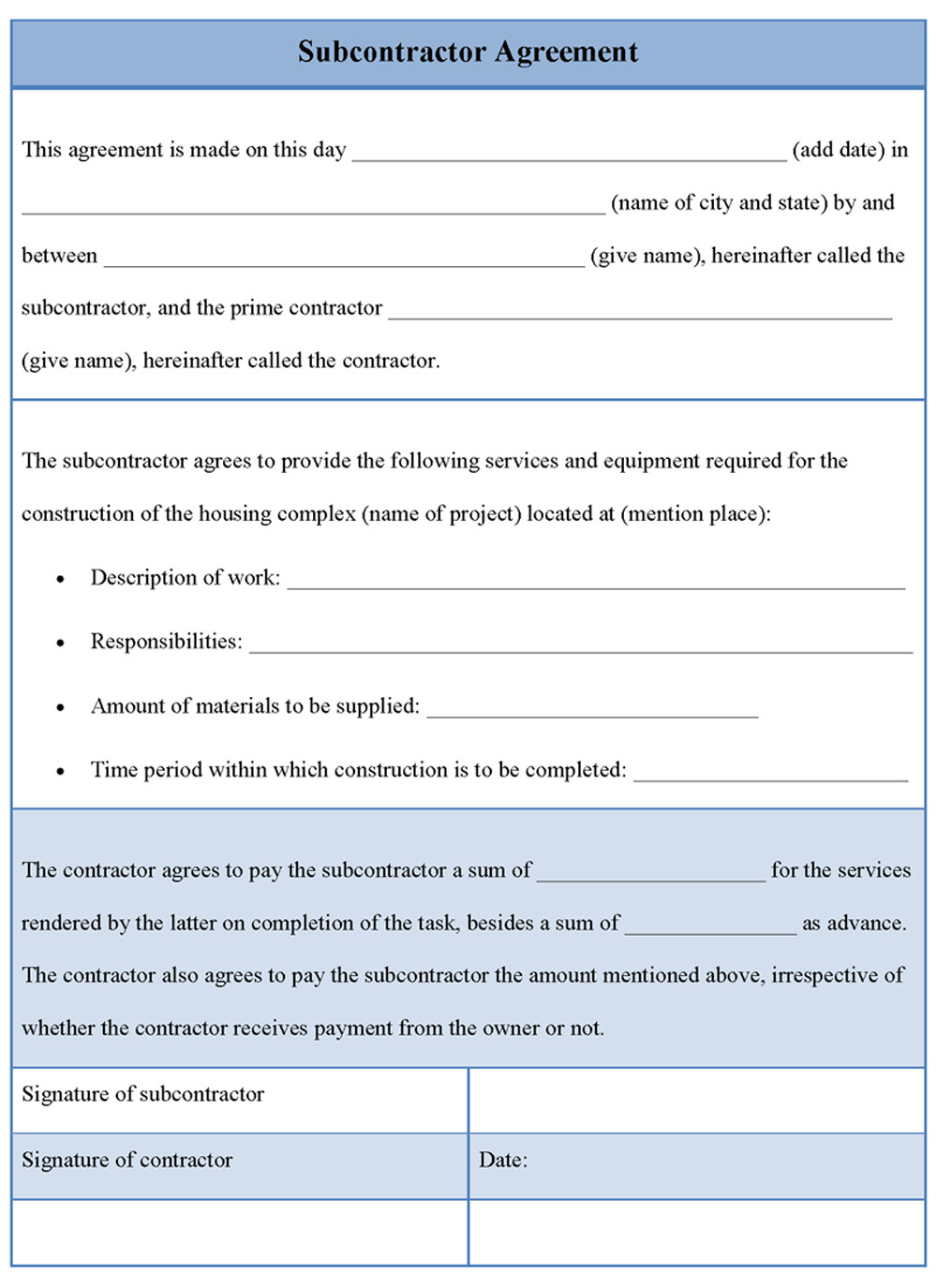 Agreement Template for Subcontractor Template of