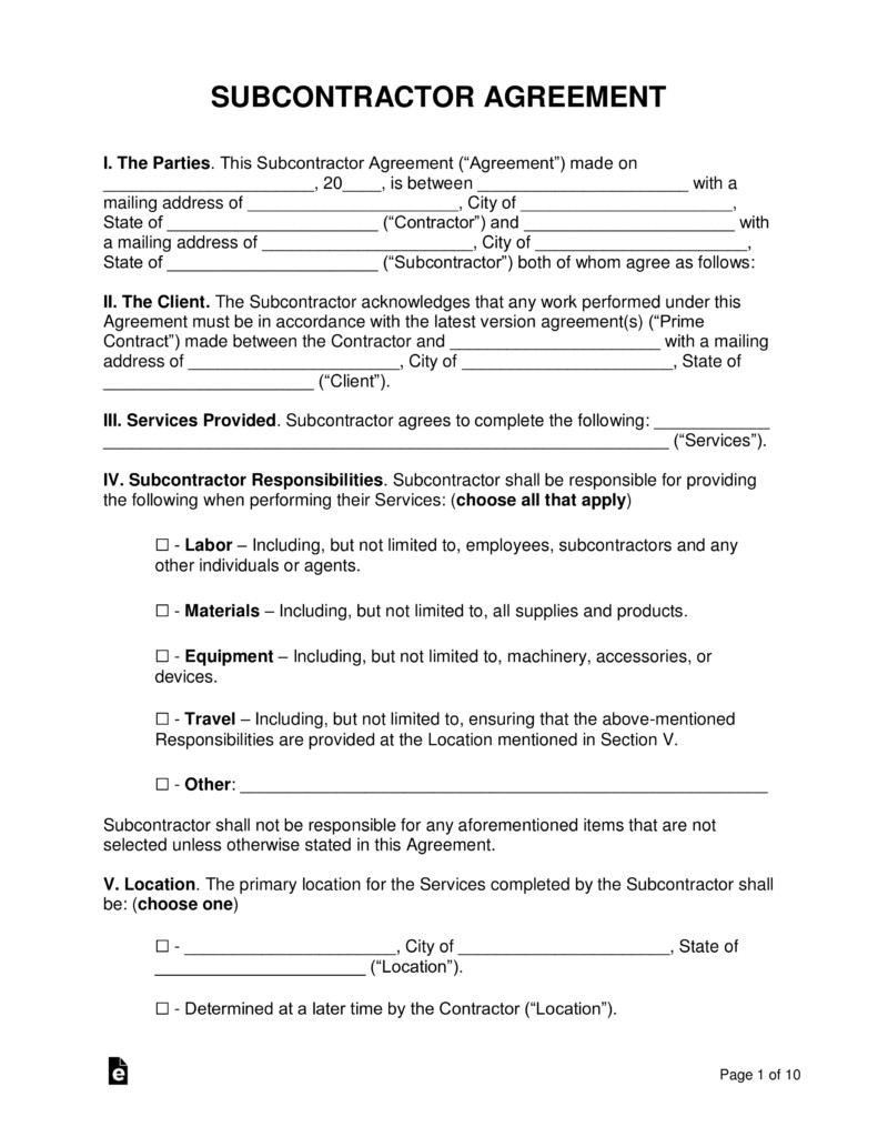 Free Subcontractor Agreement Templates PDF